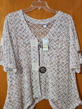 Crochet Open-Weave Ivory Button-Front Tunic Top